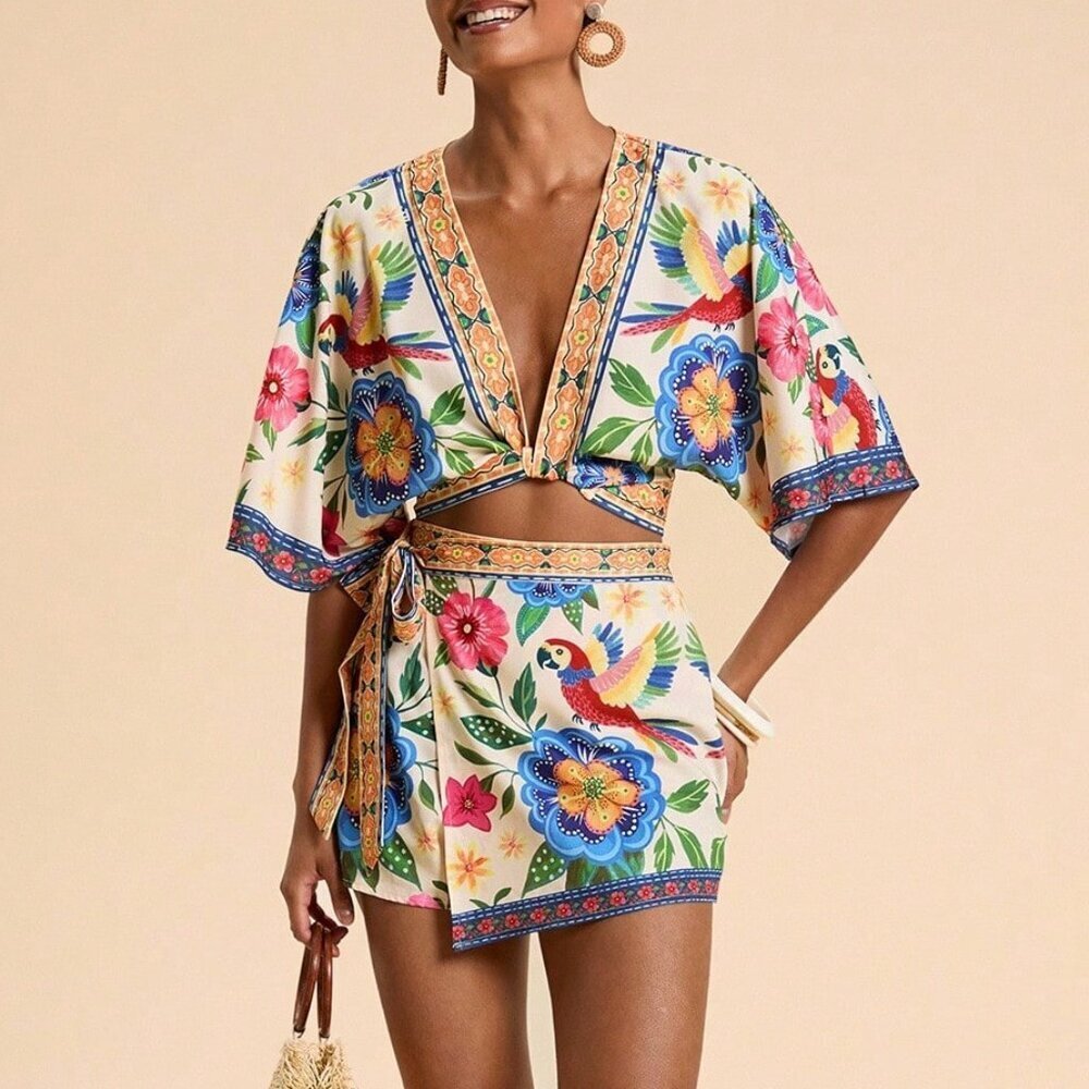 Multicolor Boho Women's Tropical Floral Printed Two Piece Set